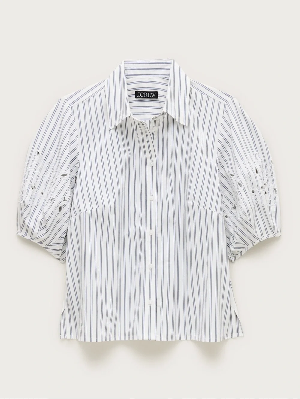 J crew ivory blue Eyelet puff-sleeve shirt in striped cotton poplin